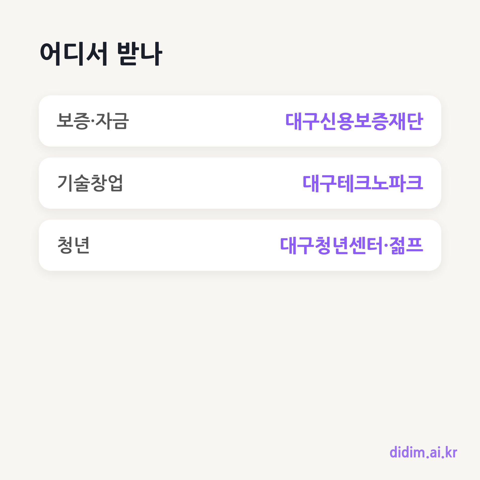 대구 지원 핵심 기관 요약 카드