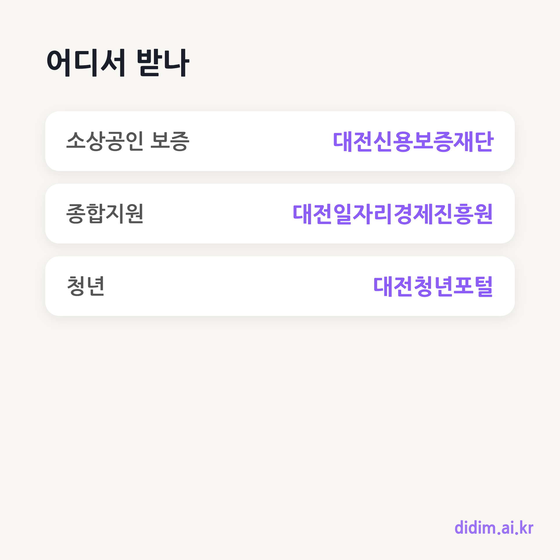 대전 지원 핵심 기관 요약 카드