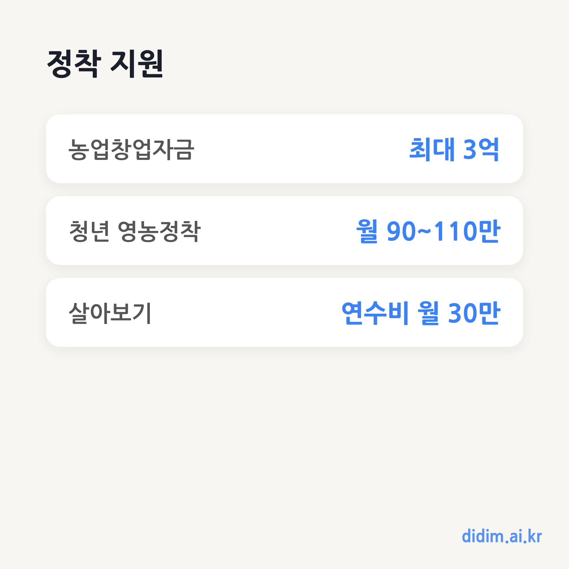 귀농귀촌 정착 지원 2026 — 창업자금 3억·청년 영농정착금 (신청방법) 핵심 요약 카드